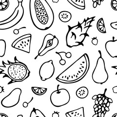 Vector seamless pattern of hand drawn silhouettes of fruits: pear, papaya, dragon fruit, banana, grape, watermelon, lemon, kiwi, mango, apple, cherry.