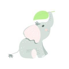Cute cartoon baby elephant holds a leaf with its trunk above its head. Flat vector  illustration 