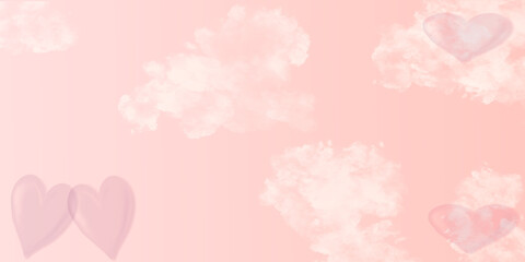 Pink sky background with white clouds and hearts. Valentines day.
