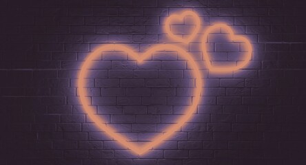 Neon hearts on a brick wall. Neon template. Grunge colors. Dark brick wall background. 3d illustration.