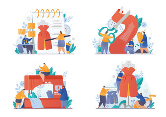 Fototapeta premium Tailor shop or fashion design concept. Masters sewing clothes. Dressmakers working on sewing machine and taking measurements. Set of flat cartoon vector illustrations isolated on white background