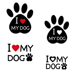 set of dog tracks with text, logos, vector isolated illustration, design, decoration, print trail