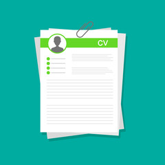 CV application template. Business resume form. Search and select professional staff. Recruitment and employment. Job interview concept. Vector illustration in trendy flat style.	