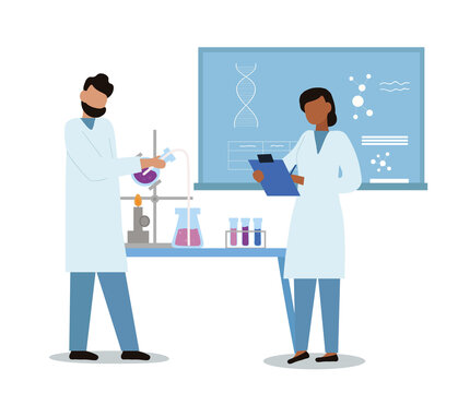 Science researching lab. Laboratory diagnostic services. Scientists participating in development of vaccine against covid 19 or another socially dangerous disease. Flat cartoon vector illustration