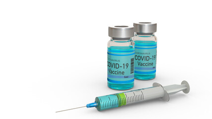 Ampoules with Covid-19 vaccine and syringe. Coronavirus sars-cov-2 pandemic. 3D render