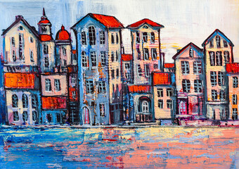 Abstract painting of city buildings. Contemporary art. - 409046342