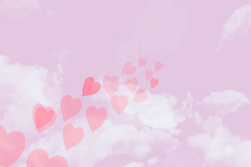 Blue sky with white clouds, hearts and clouds . Digital art painting design elements for Valentine’s Day.