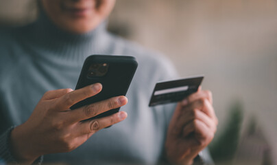 Mobile payment with wallet app technology. woman paying and shopping with smartphone application. Digital money transfer, banking and e commerce concept.