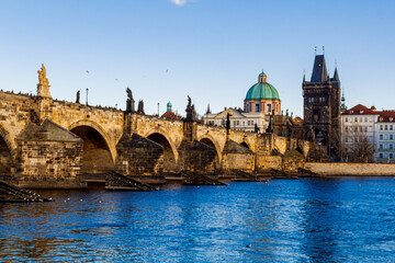 Vltava river, Charles bridge and Bridge tower. Prague, Czechia.