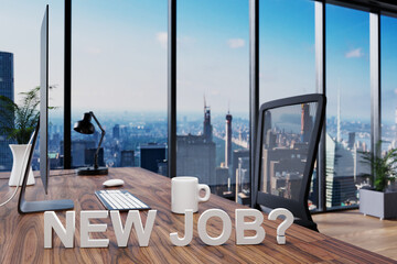new job; cozy couch in front of modern workspace with computer and skyline view; hiring concept; 3D Illustration