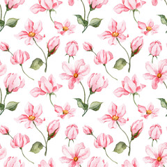 Seamless pattern with hand painted watercolor pink flowers
