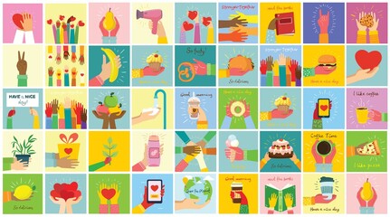Hand-drawn illustrations of hands holddifferent things, such as smartphone, pizza, ice cream, donut and othersin