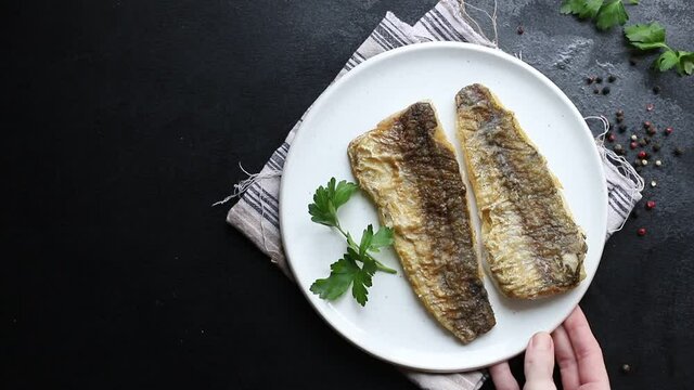 hake fried fish fresh seafood portion on the table for healthy meal snack outdoor top view copy space for text food background image rustic