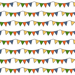 Vector Cartoon Festival triangle Flag Garlands Seamless Pattern. Hand drawn Birthday, Christmas, Summer Holiday Party Decoration. Multicolor background for design scrapbooking, wrapping paper, textile