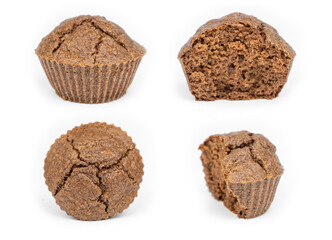 Homemade chocolate brown muffins isolated on white background
