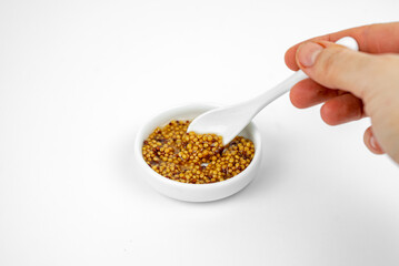 granular seeded dijon mustard in a small plate with little spoon. Isolated on white