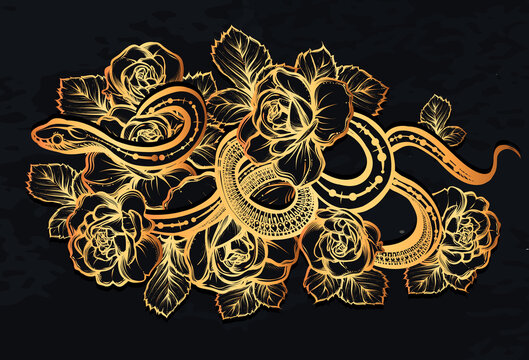 Vector illustration, snake and flowers, Handmade, chalkboard background
