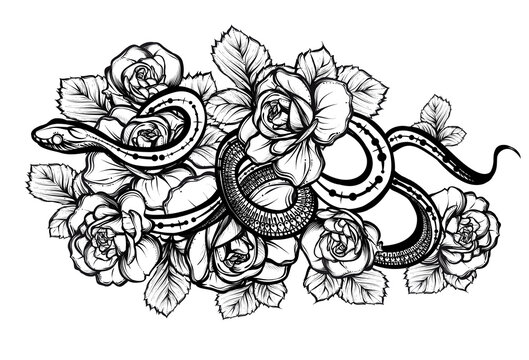 Vector illustration, snake and flowers, tattoo, print on t-shirt, Handmade