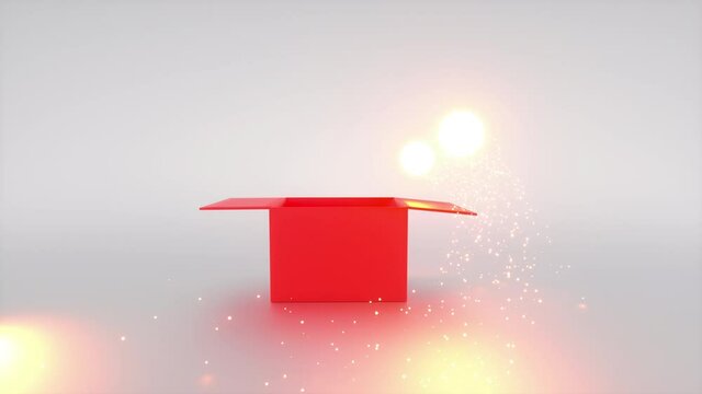 Red Magic Box with glowing white balls in white Room. Sparkling spheres fly into the box and it closes. 3d Footage with copy space at top and red area.