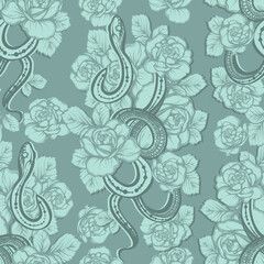 Vector illustration, snake and flowers, astronomical geometry, Handmade, seamless pattern, gray green background
