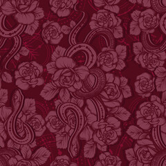 Vector illustration, snake and flowers, astronomical geometry, Handmade, seamless pattern, burgundy background
