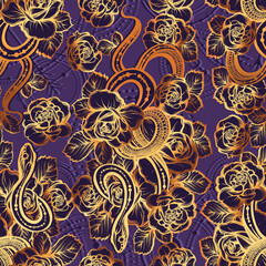 Vector illustration, snake and flowers, astronomical geometry, Handmade, seamless pattern, violet background