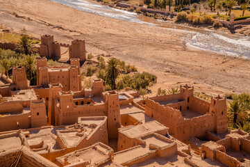 Aerial view of the fortress (kasbah) of the fortified village (ksar) of Ait Benhaddou, Morocco