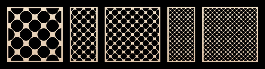 Laser cut pattern big set. Vector design with modern geometric ornament, abstract circular grid, mesh, circles. Template for cnc cutting, decorative panels of wood, metal, paper. Aspect ratio 1:1, 1:2
