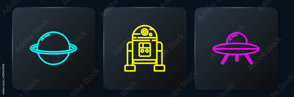 Wall mural set line planet saturn, ufo flying spaceship and robot. black square button. vector.
