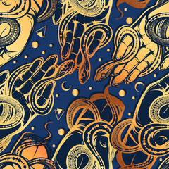 Vector illustration, Snake on hand, Handmade, seamless pattern, blue background