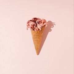 Creative layout made with fresh pink octopuses and ice cream cones over soft pastel pink background. Seafood summer minimal concept.
