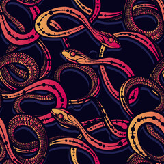 Vector illustration, snakes, seamless pattern, dark blue background, Handmade