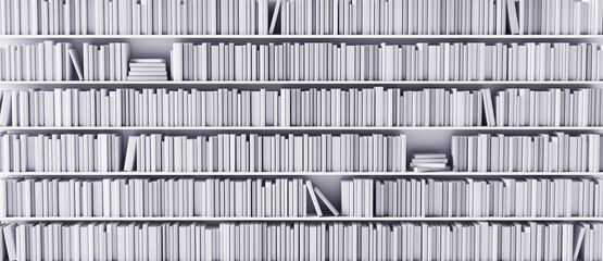 White bookshelves in the library with white books 3d render 3d illustration - obrazy, fototapety, plakaty