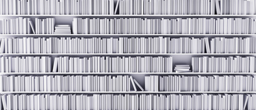 White bookshelves in the library with white books 3d render 3d illustration