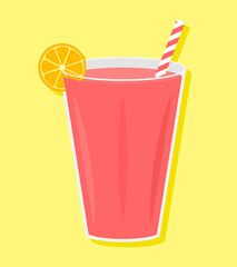 Fruit strawberry smoothie in glass with orange. Illustration on yellow background