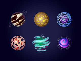 Fantasy colorful planets set. Colorful different planets space universe, astronomy cosmic objects cosmic galaxies fantastic world.