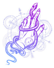 Vector illustration, Snake on hand, Handmade, tattoo, print on t-shirt, astronomical geometry, white background