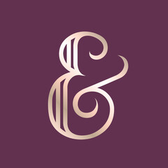 Ampersand logo.Wedding decorative creative typographic icon isolated on dark background.Symbol for beauty, gift boutique brand.Alphabet initial.Swirl element.Shiny rose gold color.