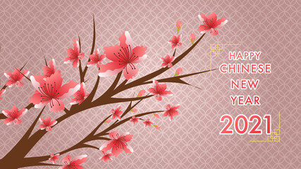 Flower and asian elements with craft style with text Happy Chinese new year 2021 year of the ox.