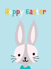 Easter greeting card with cute bunny. Hoppy Easter Vector illustration holiday card template..