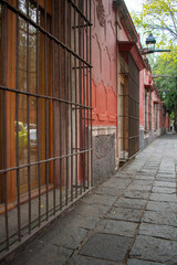 Old red building and beautiful trees in Mexico City