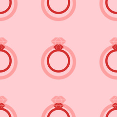 Seamless pattern of large isolated red diamond ring symbols. The elements are evenly spaced. Vector illustration on light red background