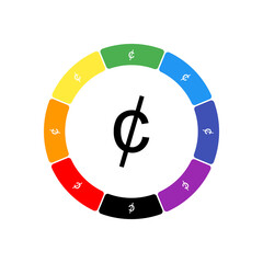 A large black cent symbol in the center, surrounded by eight white symbols on a colored background. Background of seven rainbow colors and black. Vector illustration on white background