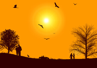 Fototapeta na wymiar silhouette of a couple, trees and birds—enjoying dusk period.