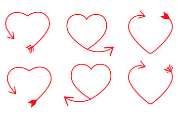Hand drawn vector arrows. Set of six red hearts with arrows for decoration, banners, festive postcards design, icons, packages, wallpapers, stickers and print