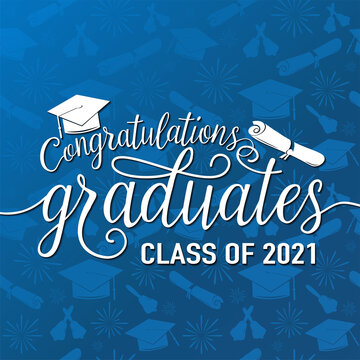 Congratulations Graduates 2021 Class Of Vector Illustration On Seamless Grad Background, White Sign For The Graduation Party. Typography Greeting, Invitation Card With Diplomas, Hat, Lettering