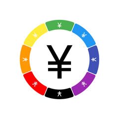 A large black yuan symbol in the center, surrounded by eight white symbols on a colored background. Background of seven rainbow colors and black. Vector illustration on white background