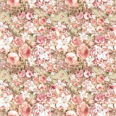  Seamless pattern bouquet of roses and a lil