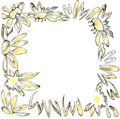 Decorative round frame with daisies, watercolor illustration in sketch style. Romantic, abstract floral border with copyspace, isolated on white background.