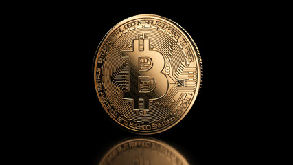 Golden bitcoin coin on black reflective background. Popular digital currency. Cryptocurrency created, distributed, traded, and stored in decentralized ledger system known as a blockchain. 